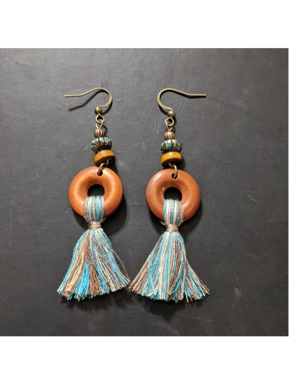 Gold Tone Brown Blue Cream Wood Fringe Tassel Drop Statement Earrings